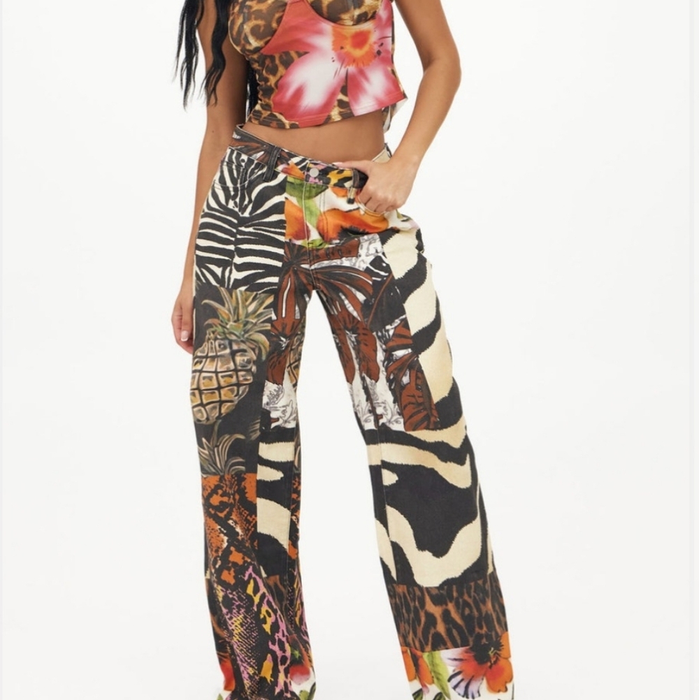 Fashion Nova Multicolor Tropical Patchwork Wide-L… - image 1